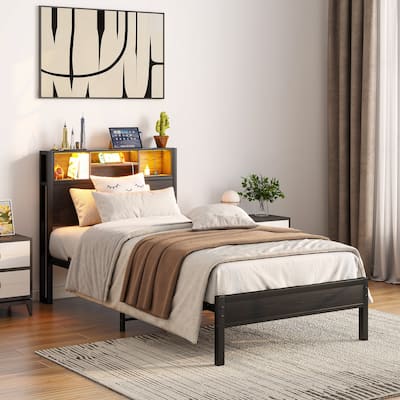 Twin Size Metal Platform Bed with Storage Headboard and Charging Station for Bedroom