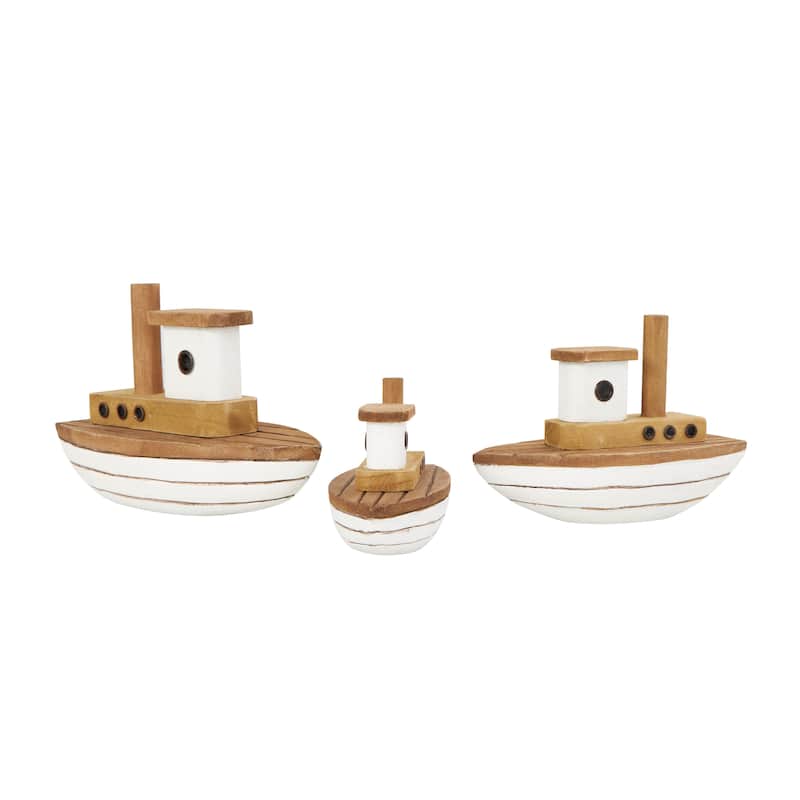 Wood Boat Handmade Sculpture with White Accents - Set of 3 Brown - Roche River Decor - 4"W x 9"L x 6"H