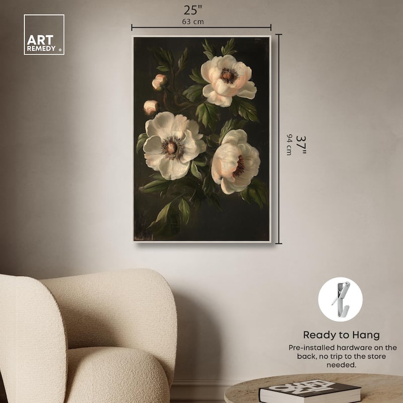 White Peonies in Dark I Canvas by Art Remedy