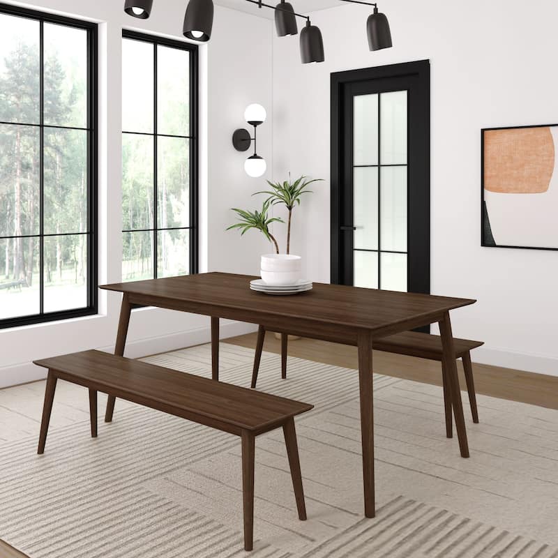 Plank and Beam 72" Mid-Century Solid Wood Dining Table and Benches Set - 72 - Walnut