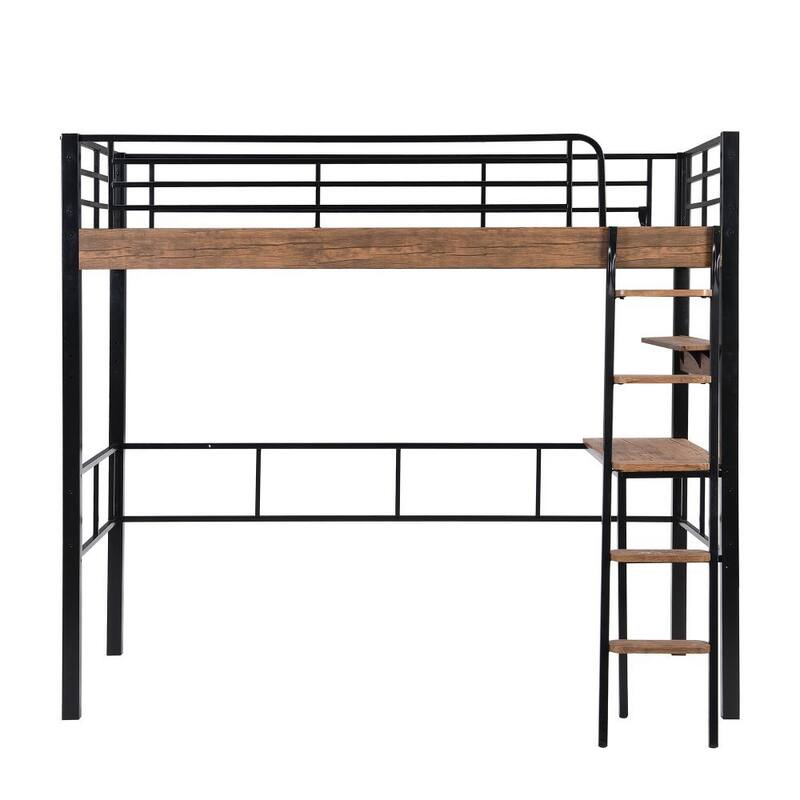 Metal Twin/Full Size Loft Bed with Built-in Desk, Storage Shelf and Ladder, Black