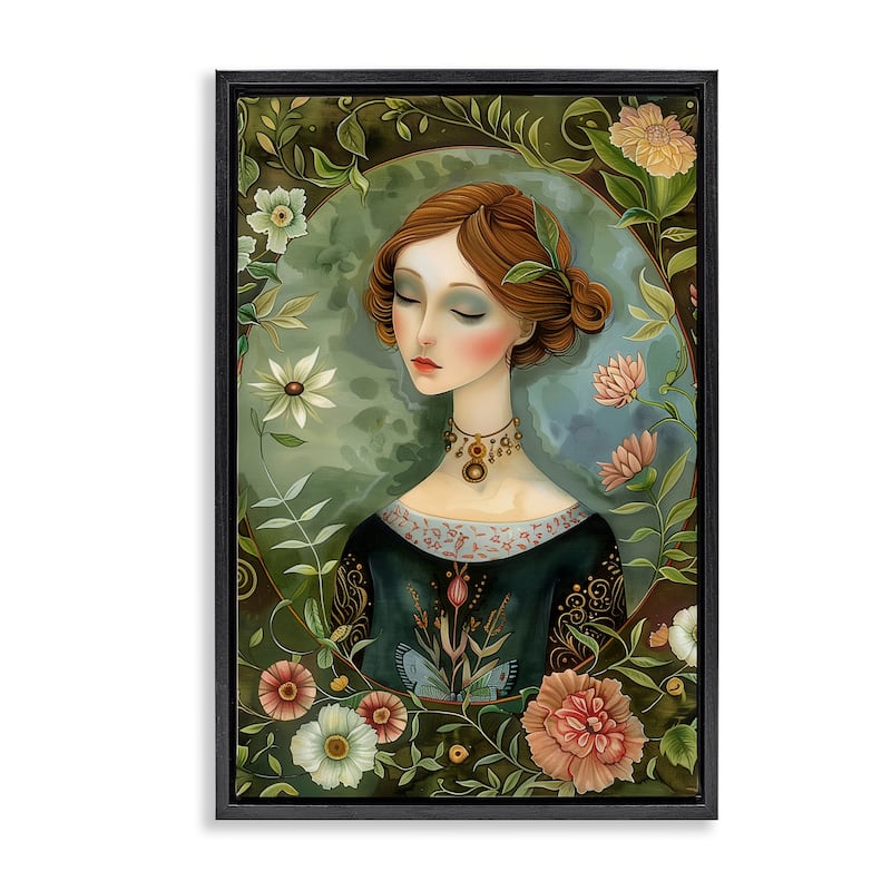 Stupell Floral Edged Victorian Woman Framed Floater Canvas Wall Art Design By The Dutch Lady - 17 x 25 - Black
