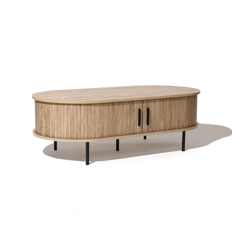 Mid-Century Modern Coffee Table with Storage and Slatted Sliding Doors - 15.7" H x 47.2" W x 23.6" D