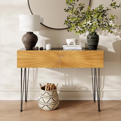 Mordern Farmhouse Wood 39.4" Console Table - Black & Gold with 2 Drawers and Storage for Entryway