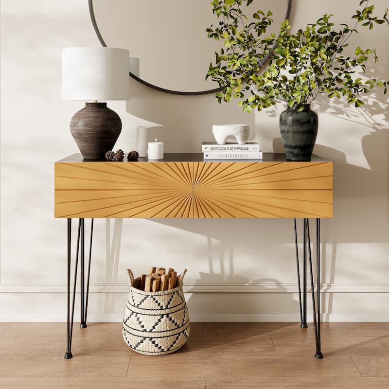 Wood Console Table with Radial Sunburst Drawers, Sofa Table with Soft-Close Storage, Entryway Accent Table with Open Shelf