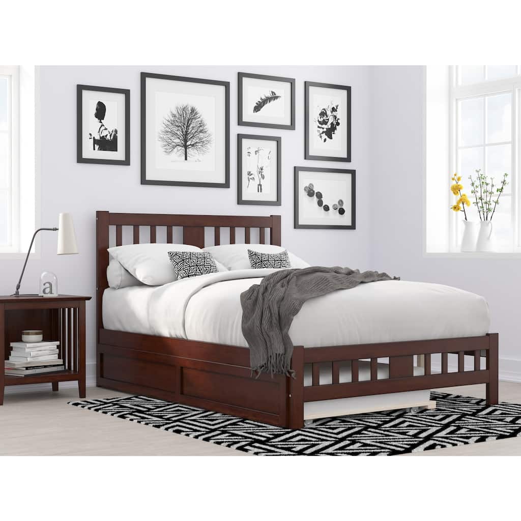 Full Bed with Trundle - Walnut Finish, Solid Wood Frame, Platform Bed, Space Saving Design