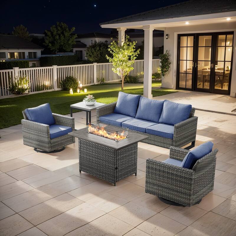 Outdoor Sofa Glider Chairs Table and Fire Pit Table - Grey - Blue