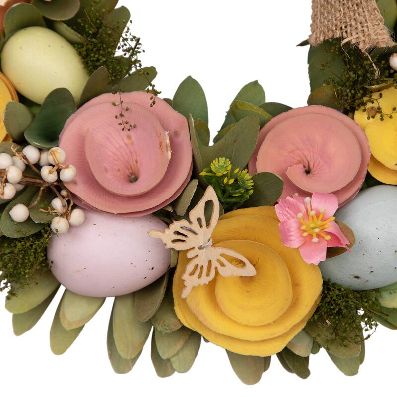Shaved Wood Flowers Bunny Rabbit Silhouette Easter Wreath - 24"