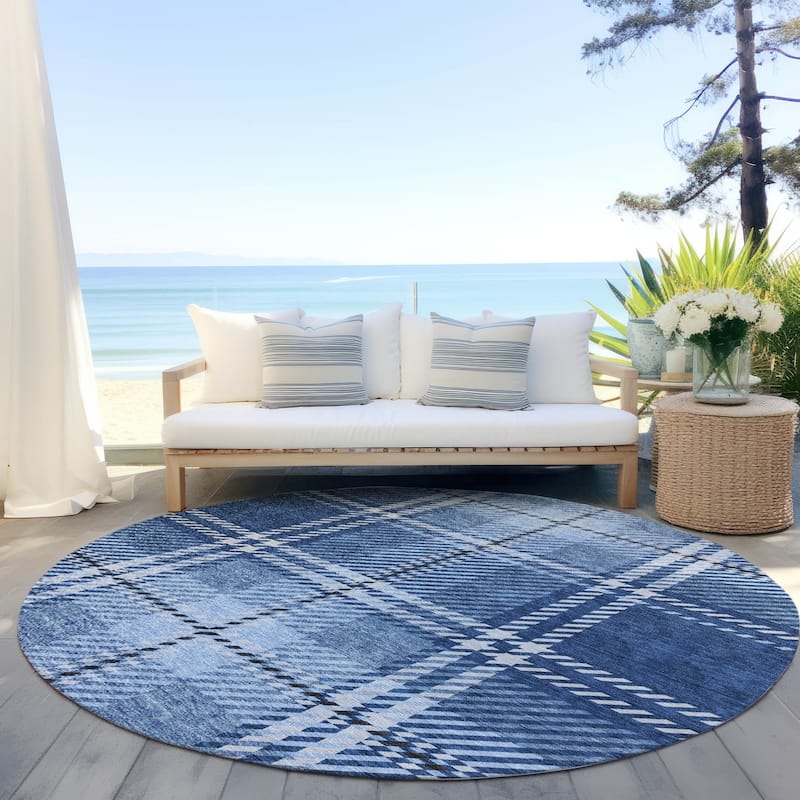 Machine Washable Indoor/ Outdoor Chantille Plaid Cozy Rug - Navy - 8' x 8'
