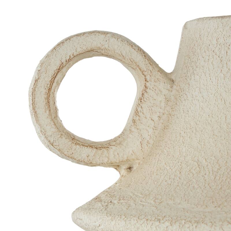 Cream Paper Mache Fluted Decorative Vase with Brown Distressed Texturing and Ring Handle