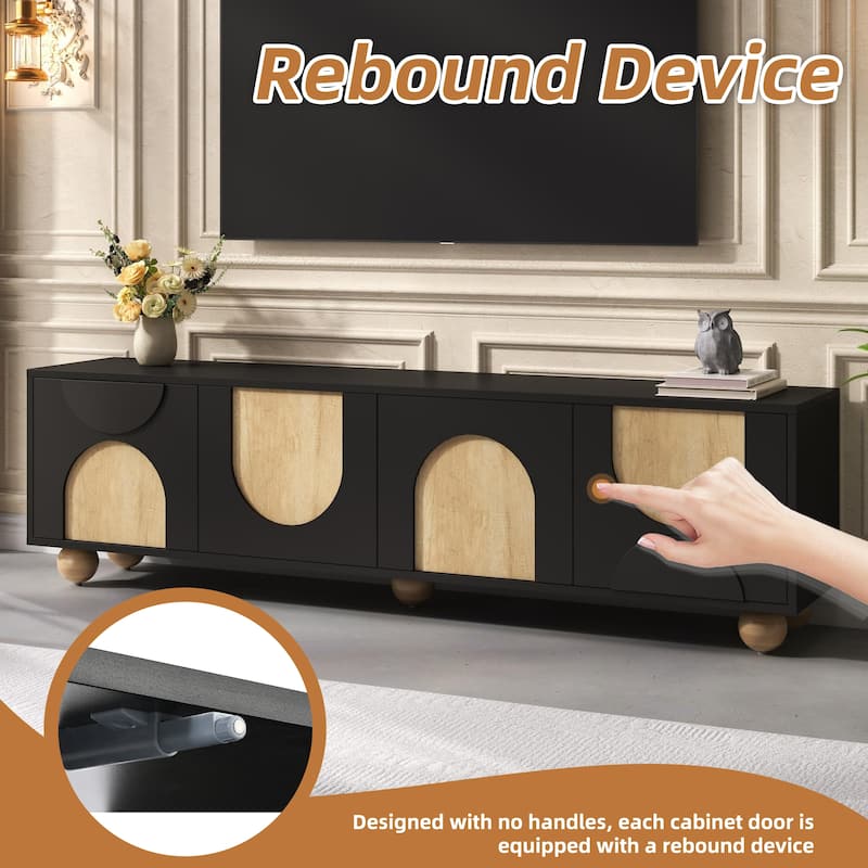 Farmhouse TV Stand for 75" TVs - Cream Media Console w/ Cable Holes, Rebound Device & Solid Wood Legs, 69.6"W