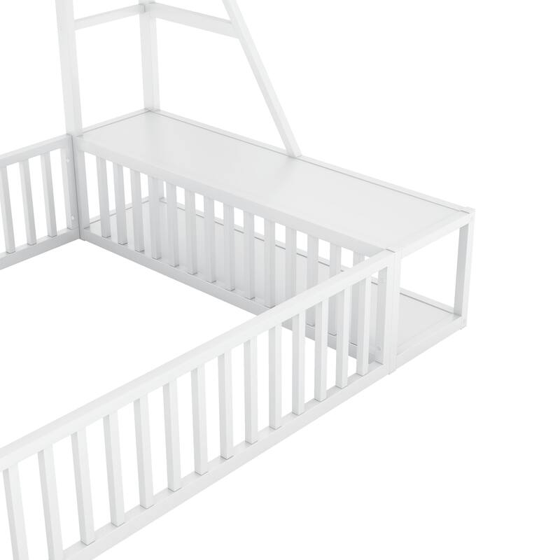 Kids Full Size Floor Bed with Safety Fence, Metal Frame, Desk & Storage - Playhouse Design, Black