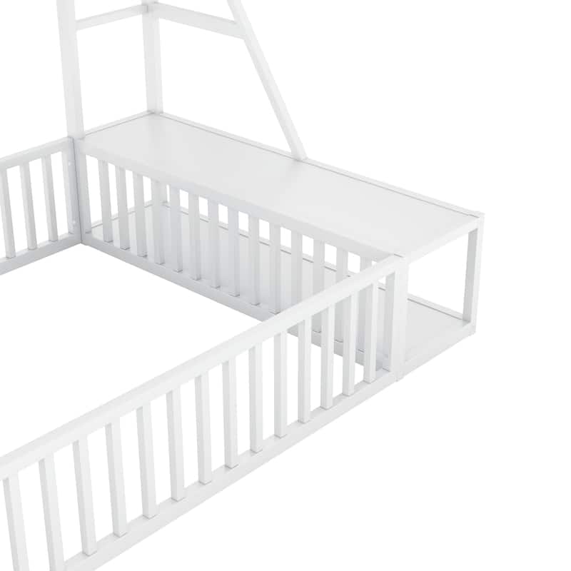 Kids Montessori Floor Bed, Metal Floor Bed Frame with Fence and Storage Shelves