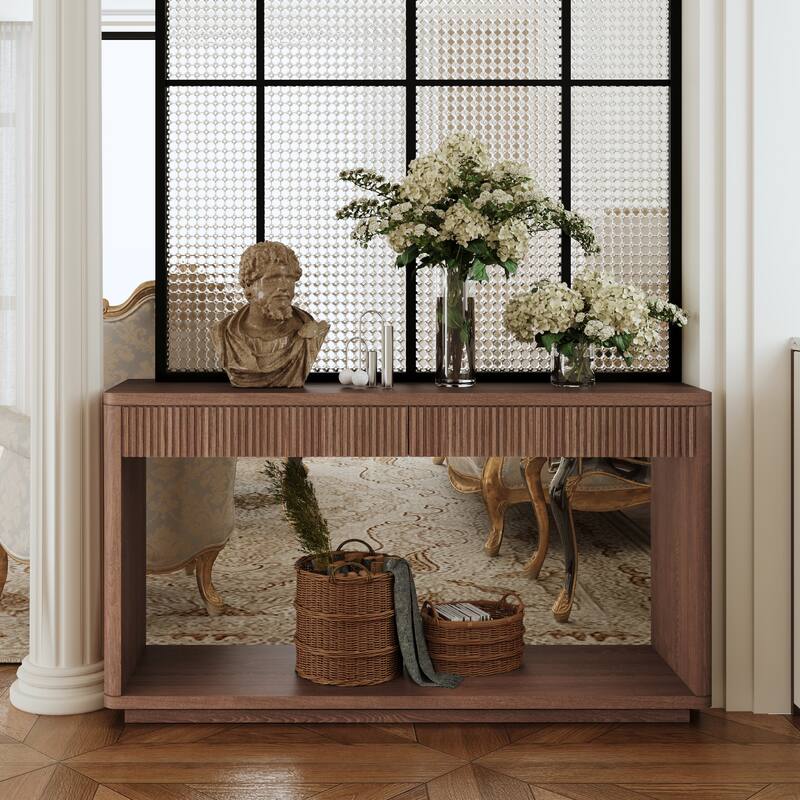 60" Modern 2-Drawer Fluted Natural Wood Veneer Console Table