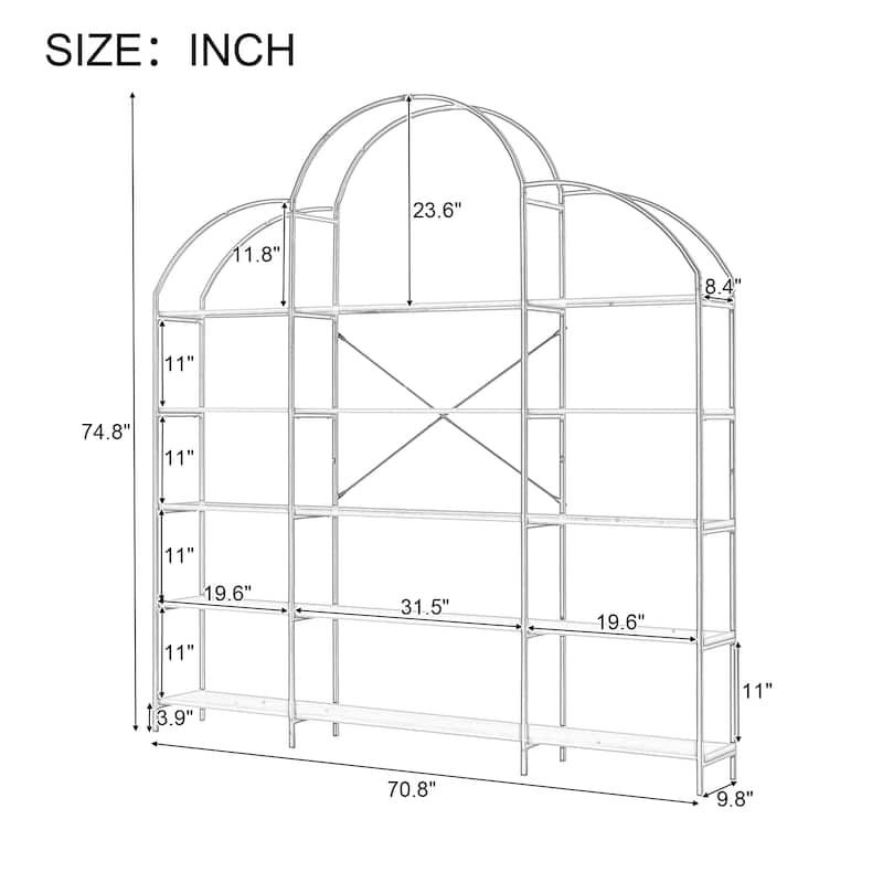 Five Tiers Office Bookcase With Round Top, X Bar Frame in Charming Modern Design