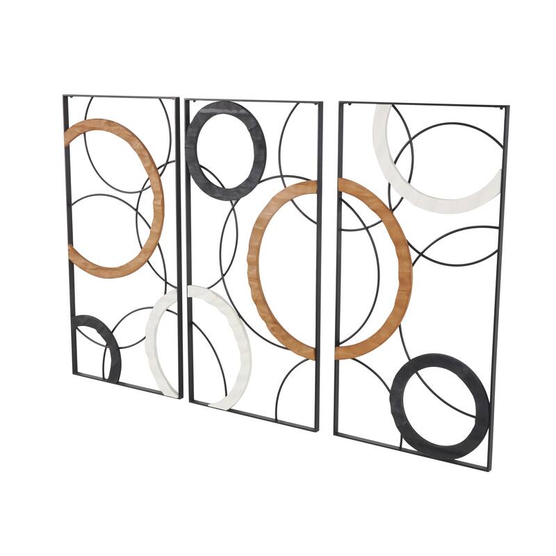 Black Metal Overlapping Circles Abstract Home Wall Decor with Brown and White Wooden Accents (Set of 3)