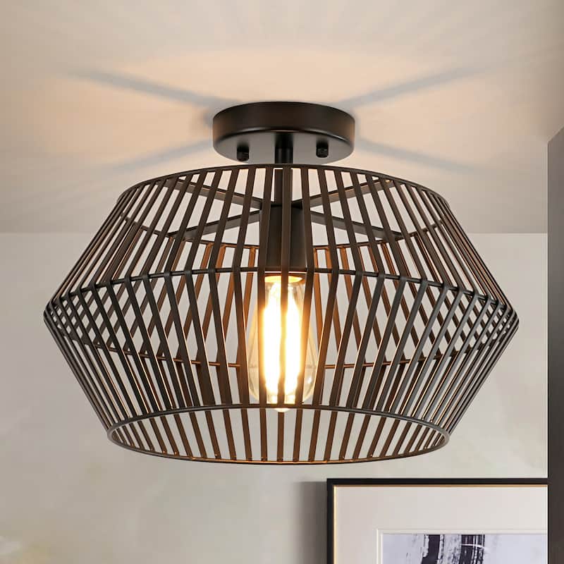 1-Light Industrial Black Iron Semi-Flush Mount Ceiling Light with Drum Shade - 15.75 in. W x 10.6 in. H x 15.75 in. D - 15.75 in. W x 10.6 in. H x 15.75 in. D - Black
