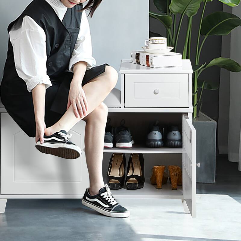 Elegant Shoe Storage Bench Cabinet with Adjustable Shelves, Fireproof PU Cushion, and Movable Drawer for Hallway Organization