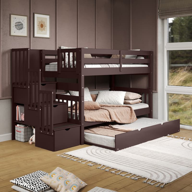 Taylor & Olive Trillium Twin over Twin Stairway Bunk Bed, Twin Trundle - Dark Cherry
