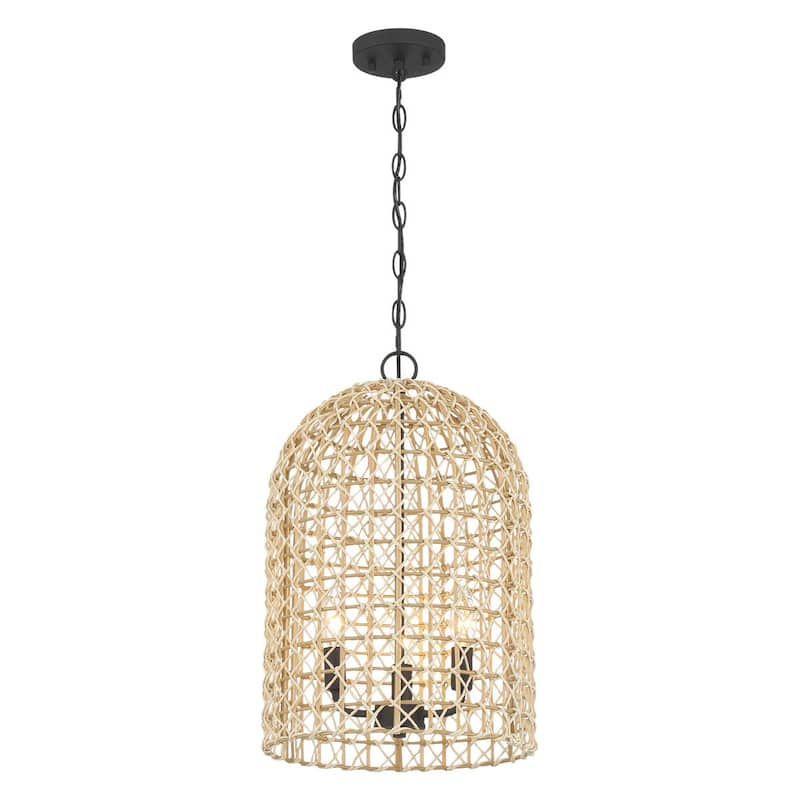 3-Light Dimmable Dome Pendant Light Rope Chandelier with Black Metal Chain
