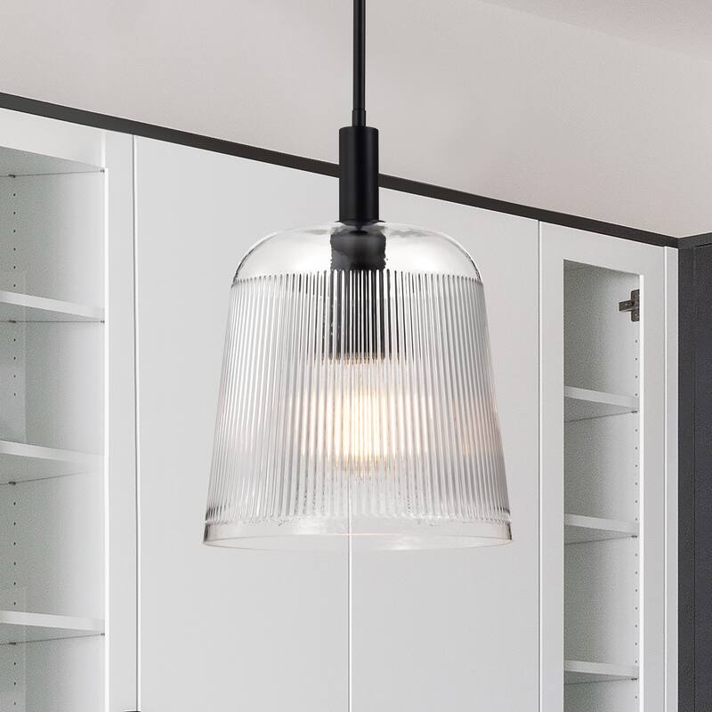 Grayson Large Pendant Matte Black Finish Clear Ribbed Glass - Matte Black