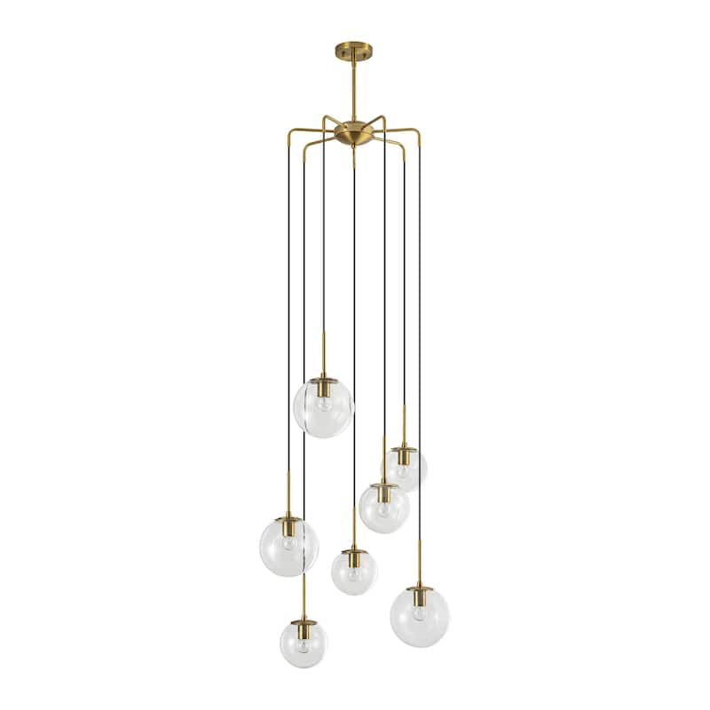 7-Light Modern Linear Cluster Gold Clear Glass Globe Bubble Chandelier Light for Stairways - 23.62 in. W x 47.24 in. H