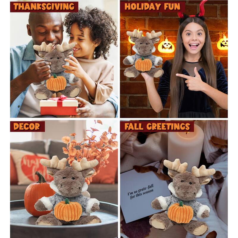 DolliBu Sitting Moose with Sweater Stuffed Animal with Pumpkin Decor - 8 inches