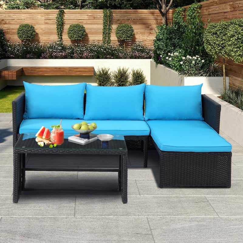 3-Piece Outdoor PE Rattan Furniture Set Patio Wicker Conversation Loveseat Sofa Sectional Couch Cushion
