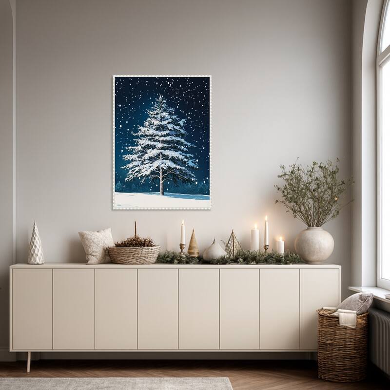 Winter Snowy Pine Tree by Pictufy Studio Framed Canvas Wall Art Print - Sylvie Beaded White