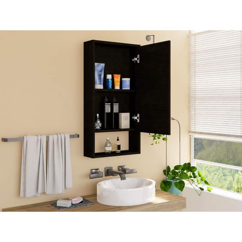 35" Tall Medicine Cabinet with One External Shelf, Two Interior Shelves, Single Door Design, Large Mirror
