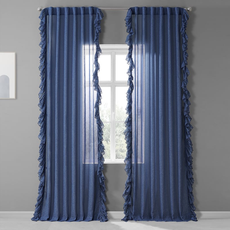 Exclusive Fabrics Faux Linen Ruffle Sheer Curtain (1 Panel) - 50 X 108 - Blue Lapis