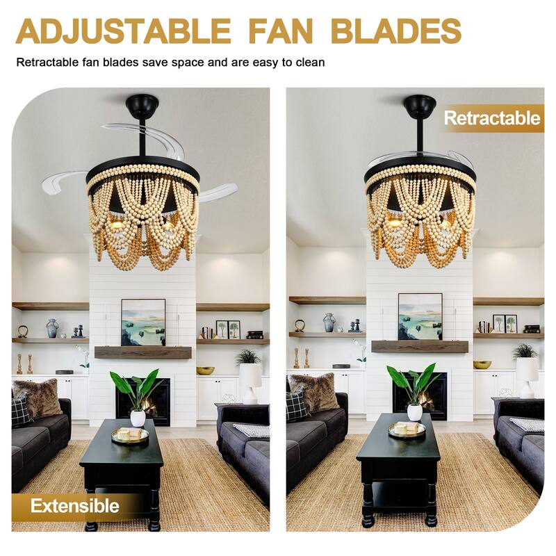 Cusp Barn 42 Inch Boho Retractable Ceiling Fan with Remote, Coastal 6 Speeds Fandelier, Farmhouse Caged Wood Beaded Ceiling Fan