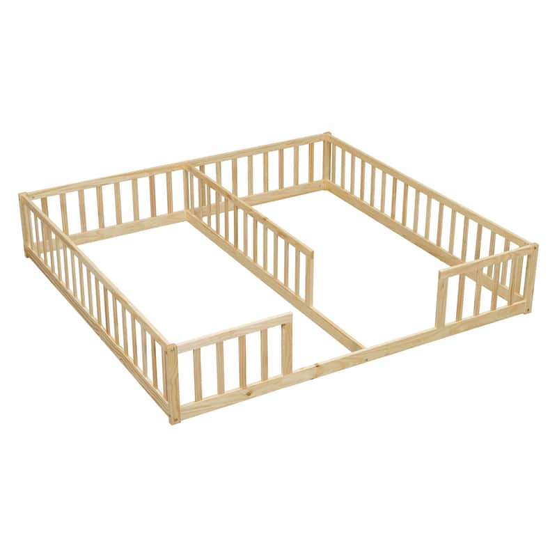 Double Twin Floor Bed with Fence and Guardrails, Natural Pine and Plywood, Assembly Required