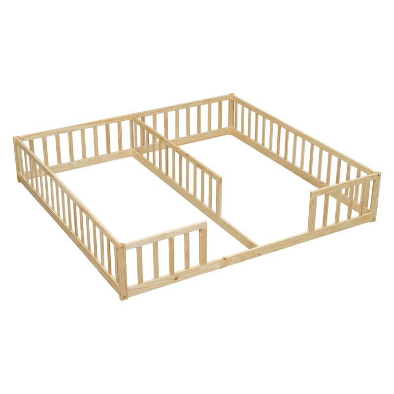 Roomfitters Double Twin Floor Bed Frame with Fence and Guardrails, Low Profile Shared Platform Bed, No Door Design