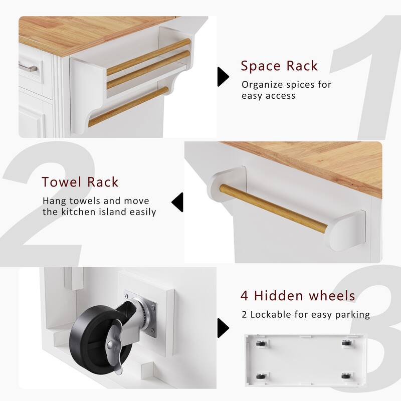 54'' Large Kitchen Island with Rubber Wood Drop Leaf, Embossed Texture Rolling Kitchen Cart on 4 Wheels with 4 Doors & 3 Drawers