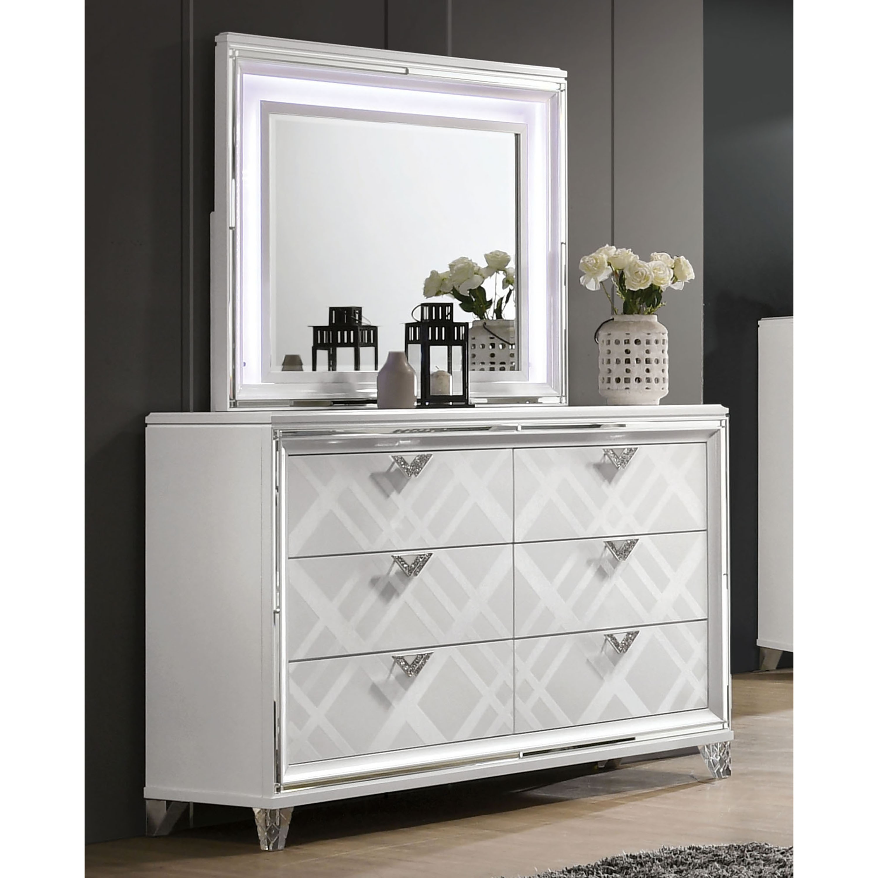 white dresser with mirror modern STRADA White Alligator Texture 67" Wide Dresser & Mirror