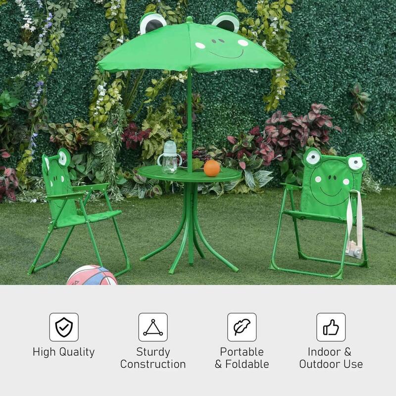 Folding Kids Picnic Table Set,Frog Pattern,Adjustable Umbrella,Garden