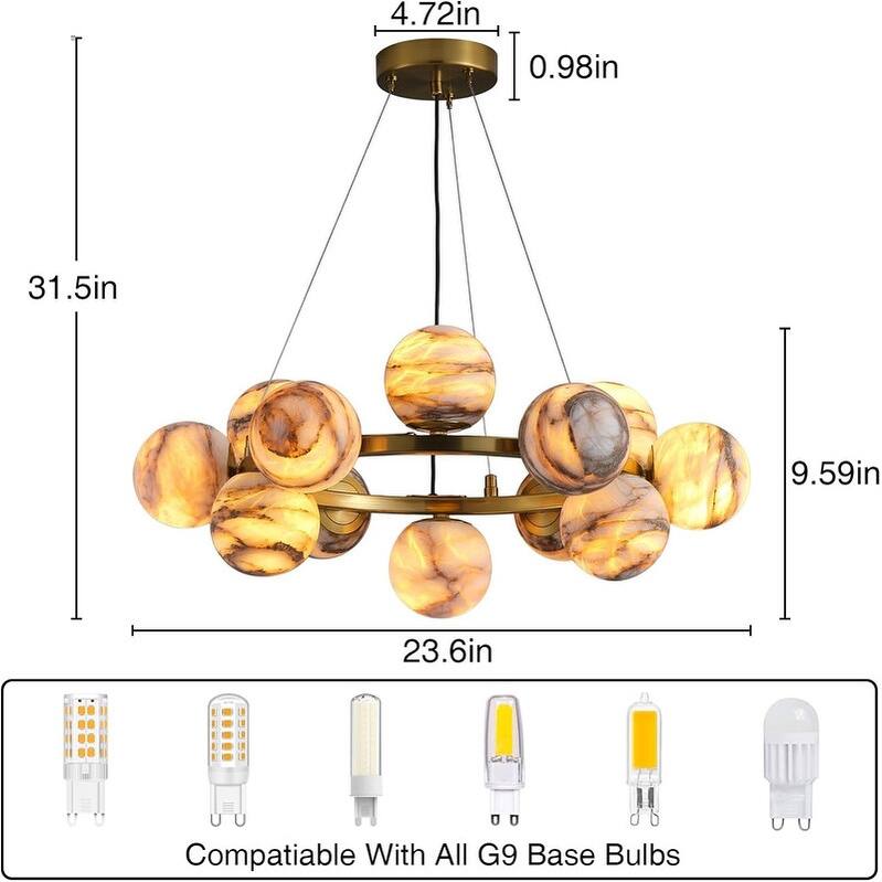 KAYLA Modern Sputnik Alabaster Chandelier, 18 Light Gold & Smoked Alabaster Globe Chandeliers
