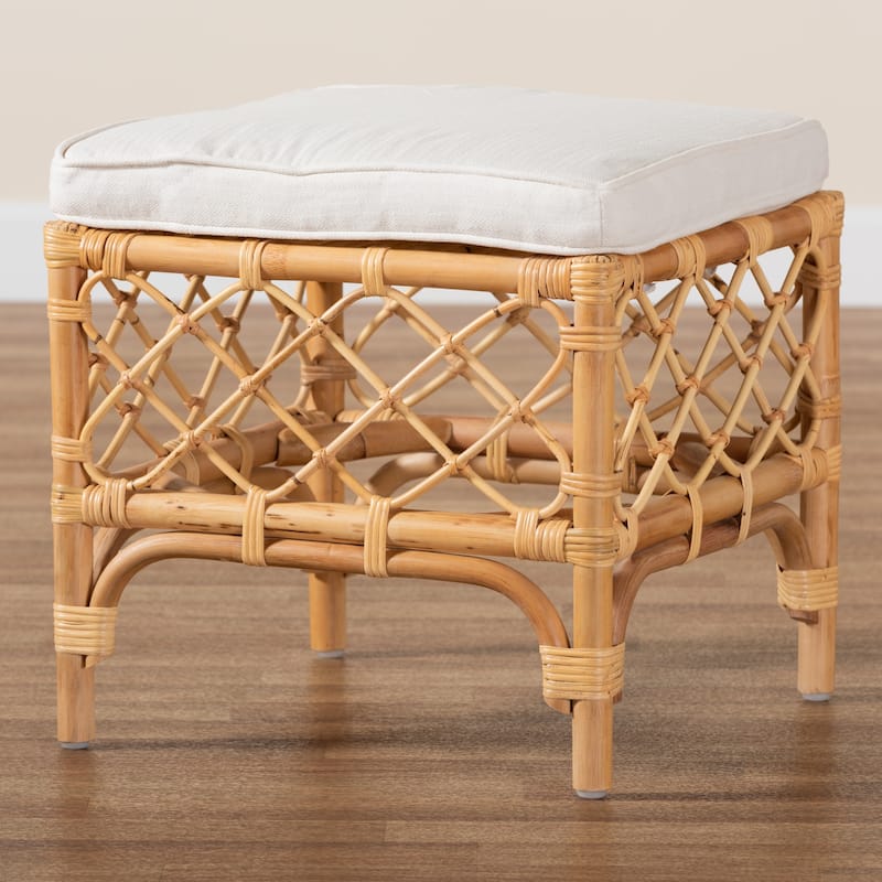 Orchard Modern Bohemian Upholstered Rattan Ottoman-White/Natural Brown