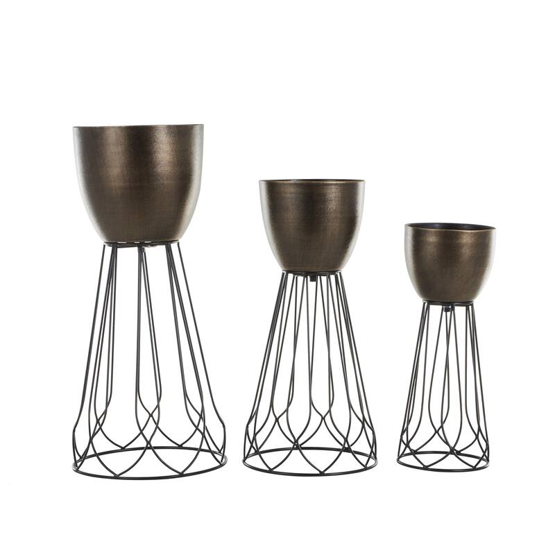 Bronze Metal Textured Indoor Outdoor Planter with Black Wire Cone Shaped Bases (Set of 3)