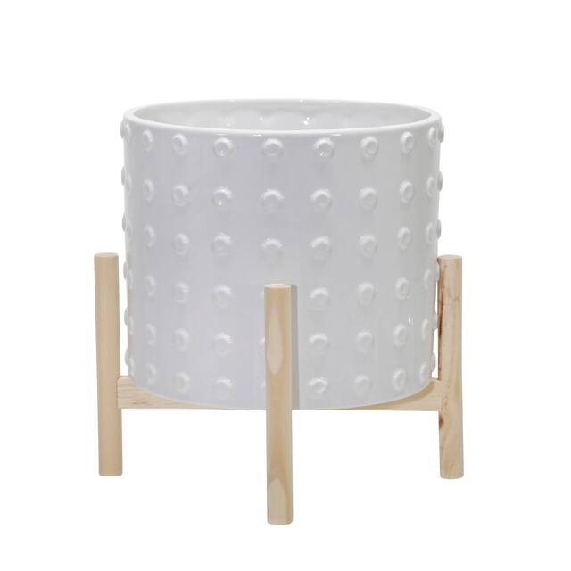 12" Ceramic Dotted Planter with Wood Stand, White 12"H - 10.0" x 10.0" x 12.0"