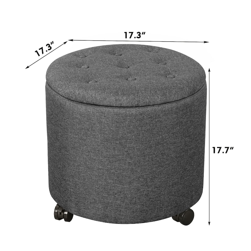 Adeco 17" Faux Leather Round Storage Ottoman with Tufted