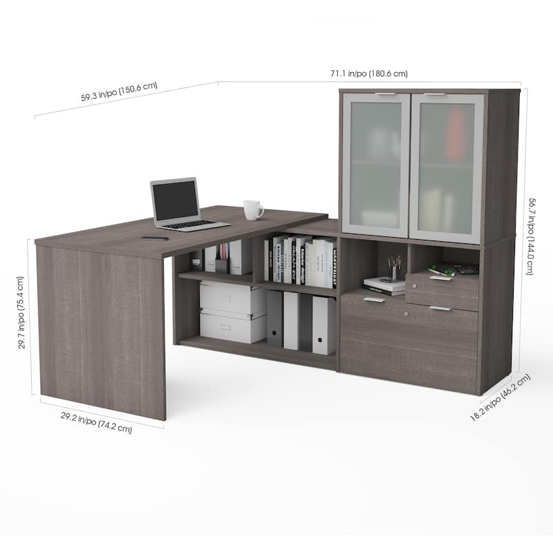 Bestar i3 Plus L-Desk with Frosted Glass Door Hutch
