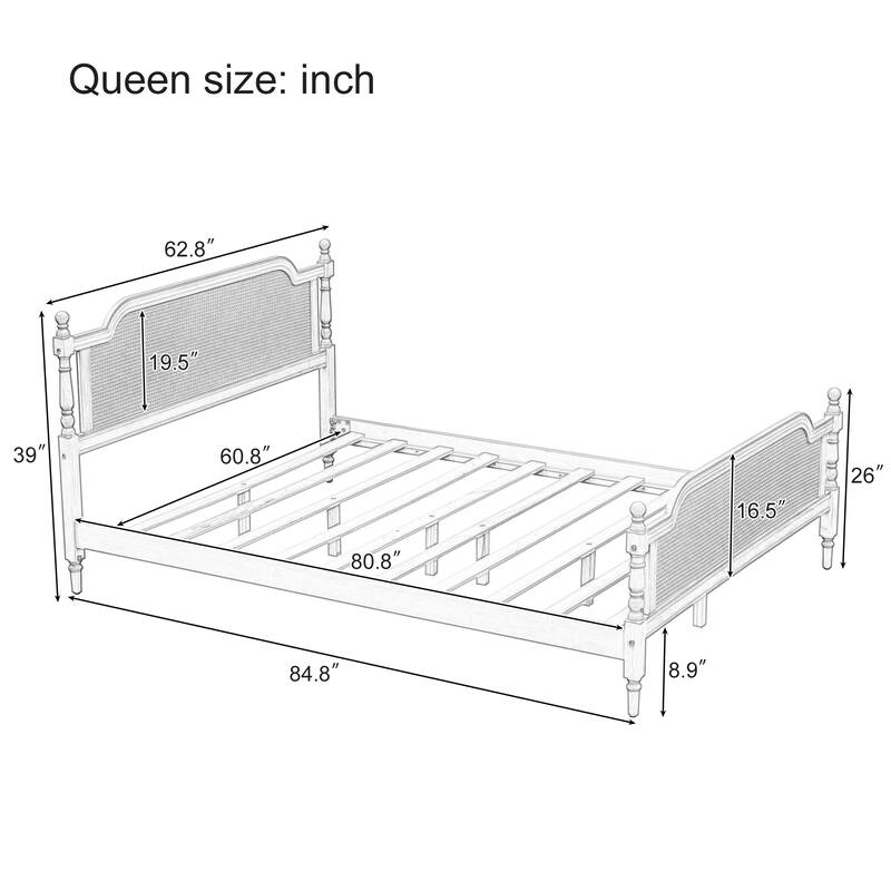 Traditional Rattan Queen Bed Frame - Walnut