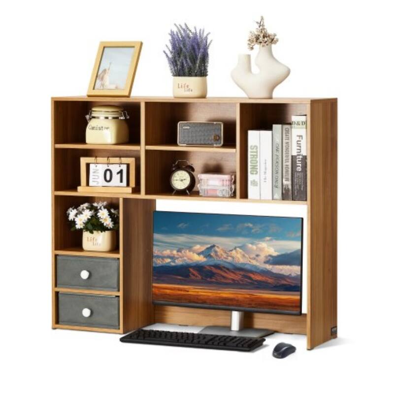 Particle Board Desktop Bookshelf Hutch, 3-Shelf Organizer and Office Storage Rack - 37.0" L x 10.0" W x 31.1" H - Wood