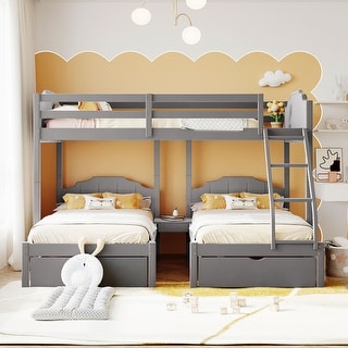 Full Over Twin & Twin Bunk Bed with Drawers, Velvet Triple Bunk Bed with Guardrails, Pine Wooden Bed with Ladder, Grey