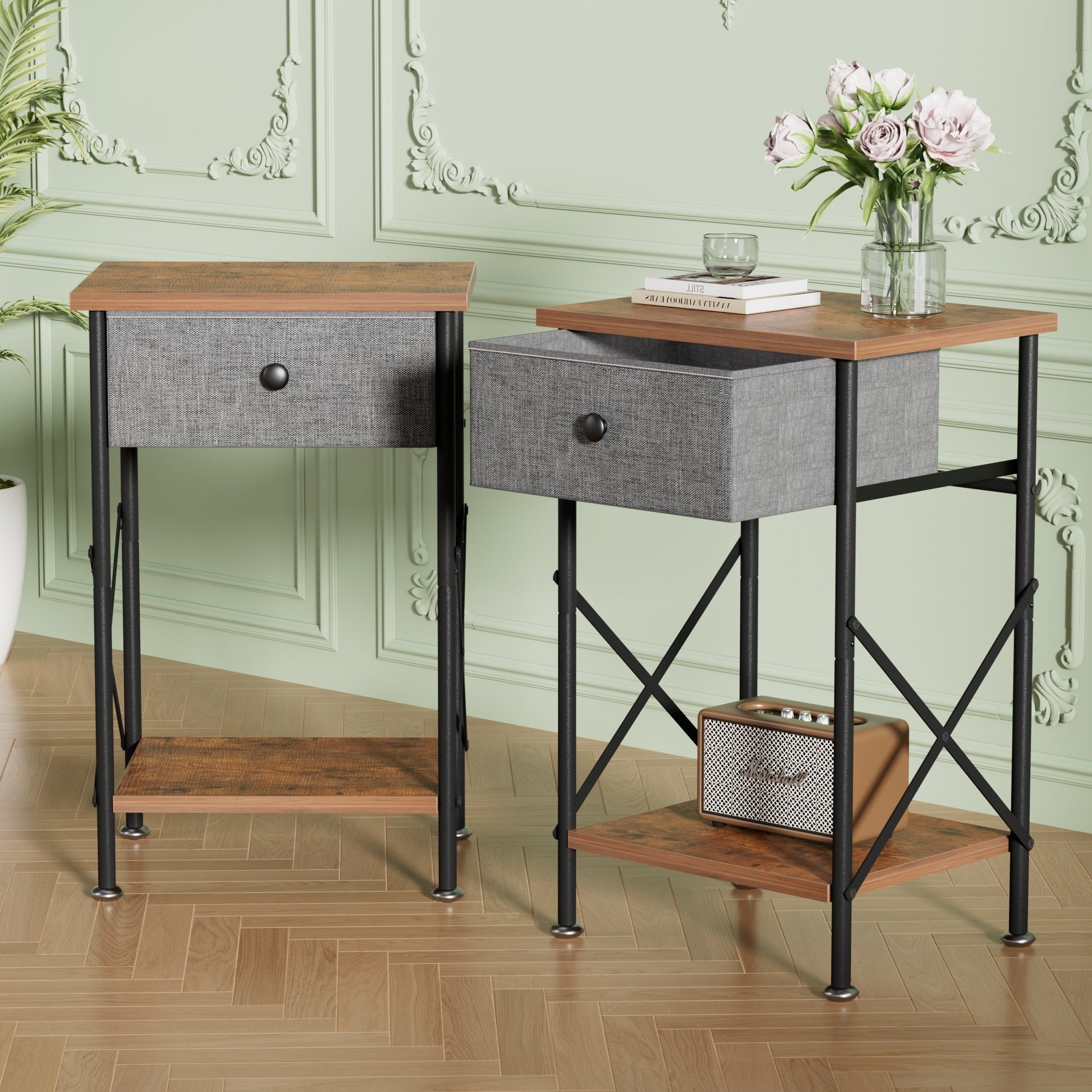 Javlergo Set of 1 or 2 Modern X-Shape End Table with Removable Fabric Drawer & Open Shelf for Living room bedroom study room