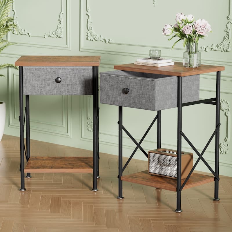 Javlergo Set of 1 or 2 Modern X-Shape End Table with Removable Fabric Drawer & Open Shelf for Living room bedroom study room - Brown - Set of 2