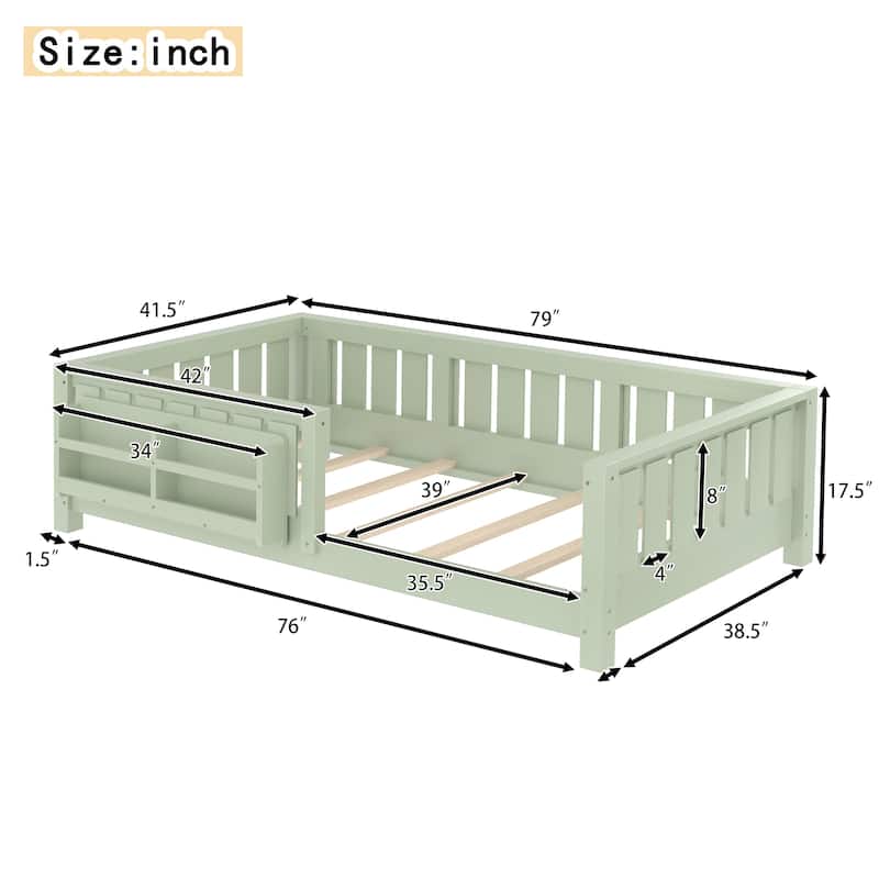 Low Profile Montessori Bed Floor Platform Bed with Fence and Bookshelf