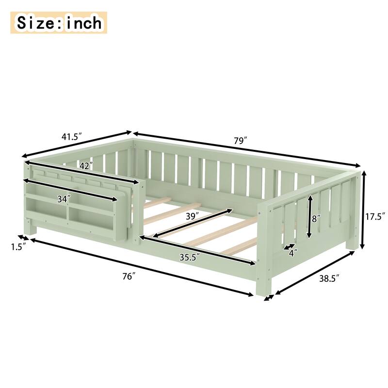 Twin bed with built-in bookshelf and high-quality safety guardrail
